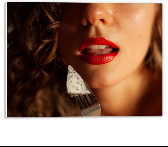 Forex - Etende Dame met Rode Lippen - 40x30cm Foto op Forex