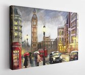Peinture à l'huile sur toile, vue sur la rue de Londres. Ouvrages d'art. Big Ben. Parapluie rouge, bus et route, téléphone. Voiture noire - taxi. Angleterre - Toile d' Art Moderne - Horizontal - 667547179 - 80 * 60 Horizontal