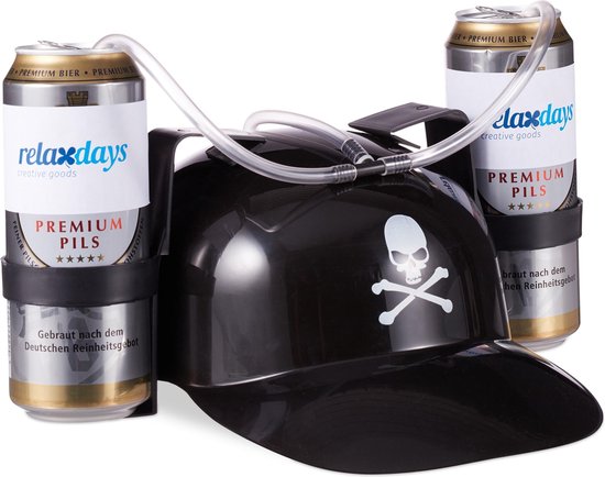 Relaxdays drinkhelm piraat - bierhelm - feesthelm voor 2 blikjes - met slang  - zwart | bol.com