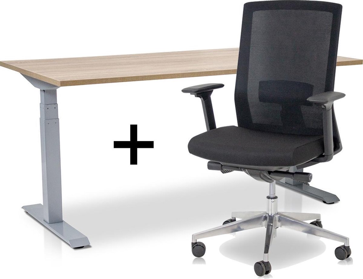 Zit-sta bureau elektrisch verstelbaar + ERGO Bureaustoel | ARBO PRO Thuiswerkset | frame bureau aluminium - bureaublad midden eiken| 160x80 cm