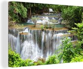 Canvas Schilderij Watervallen - Thailand - Bos - 90x60 cm - Wanddecoratie