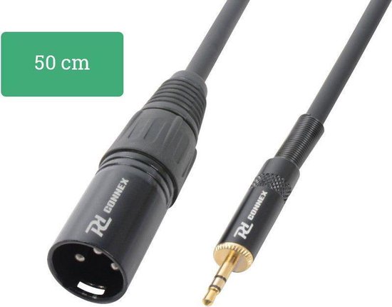 Zwarte PD Connex kabel met XLR-stekker en 3,5 mm jackplug, 50 cm lang.