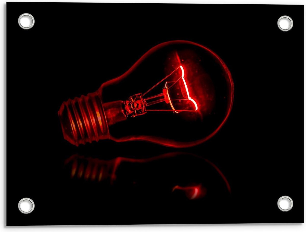 Tuinposter – Rode Gloeilamp op Zwarte Achtergrond - 40x30cm Foto op Tuinposter (wanddecora
