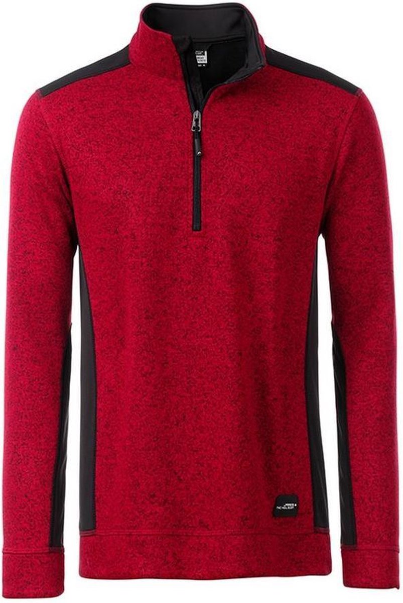 James and Nicholson Heren Gebreide werkkleding Fleece Half-Zip (Rood gemeland/zwart)