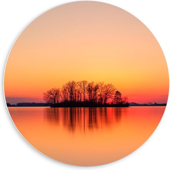 Forex Wandcirkel - silhouet Eilandje tijdens Zonsondergang - 60x60cm Foto op Wandcirkel (met ophangsysteem)