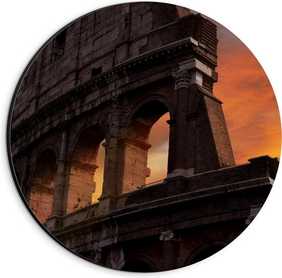 Dibond Wandcirkel - Colosseum met Zonsondergang in Rome - 20x20cm Foto op Aluminium Wandcirkel (met ophangsysteem)