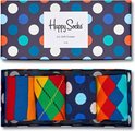 Happy Socks geschenkdoos met vier paar sokken in diverse patronen: strepen, ruiten, stippen.