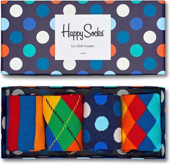Happy Socks geschenkdoos met vier paar sokken in diverse patronen: strepen, ruiten, stippen.