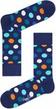 Donkerblauwe sokken met veelkleurige stippen in wit, oranje, lichtblauw en turquoise.