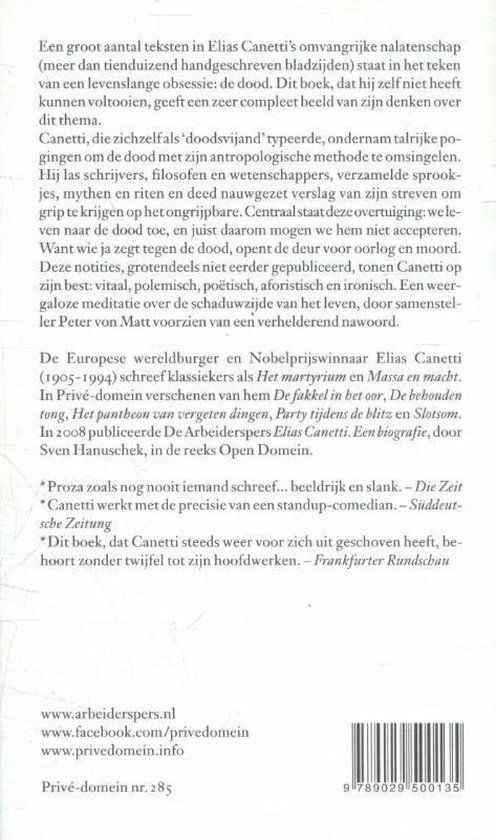 Achterkant boek Privé-domein 285 - Het boek tegen de dood, met tekst.