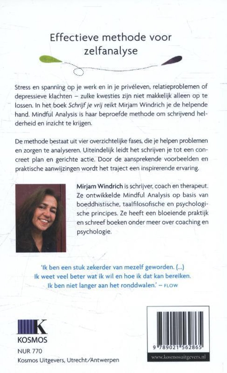 Achterkant van het boek 'Effectieve methode voor zelfanalyse' met een foto van Mirjam Windrich.