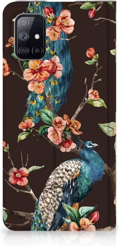 Stand Case Samsung Galaxy M51 Phone Case Peacock avec des Fleurs