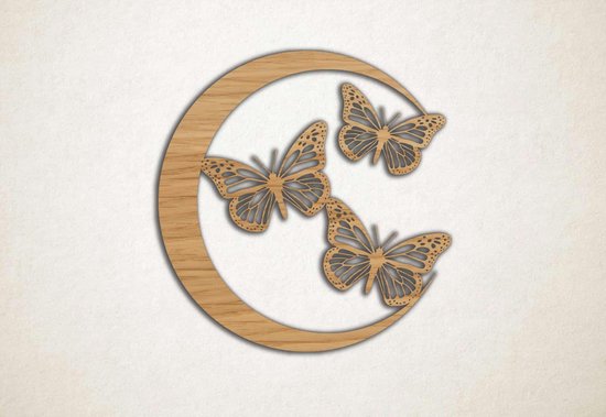 Wanddecoratie - Maan met vlinders - XS - 25x25cm - Eiken - muurdecoratie - Line Art