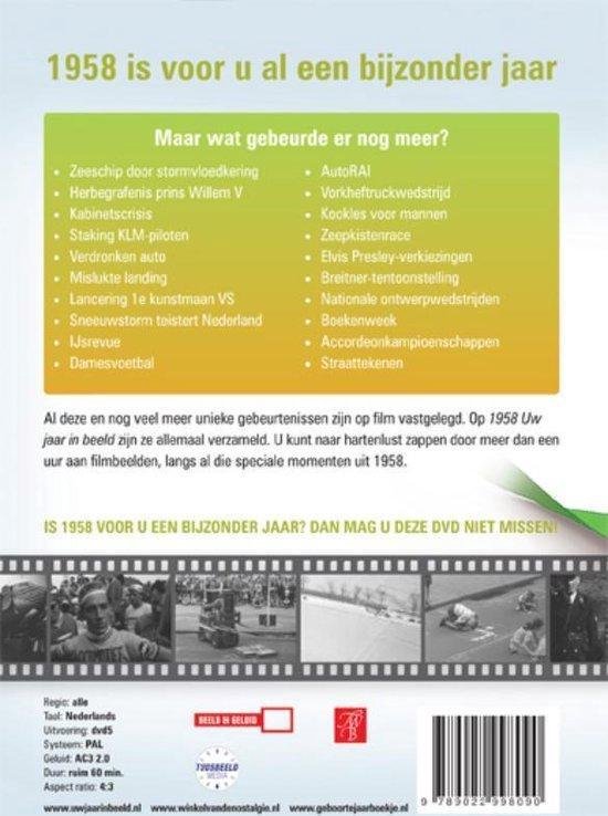 Achterkant DVD hoes met groene en gele tekst, lijst met gebeurtenissen uit 1958 en filmbeelden.