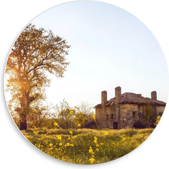 Forex Wandcirkel - Vervallen Huisje in Grasveld - Foto op Wandcirkel (met ophangsysteem)