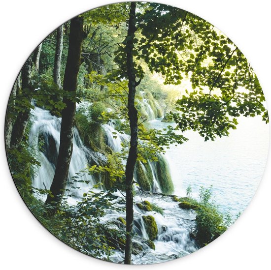 Dibond Wandcirkel - Watervallen in het Bos met Bomen - 70x70cm Foto op Aluminium Wandcirkel (met ophangsysteem)