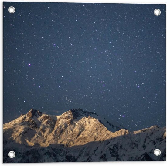 Tuinposter – Besneeuwde Bergtoppen met Sterrenhemel - 50x50cm Foto op Tuinposter  (wanddecoratie voor buiten en binnen)