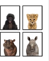Poster Set 4 Jungle / Safari Baby Aapje Cheeta Nijlpaard Neushoorn - 80x60cm - Baby / Kinderkamer - Dieren Poster - Muurdecoratie