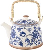 Clayre & Eef Theepot met Filter 700 ml Blauw Keramiek Rond Bloemen Theekan Cadeau voor haar Chinese Theepot