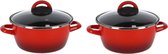 Set van 2x stuks rvs rode kookpan/pan met glazen deksel 16 cm 1 liter