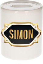 Simon naam cadeau spaarpot met gouden embleem - kado verjaardag/ vaderdag/ pensioen/ geslaagd/ bedankt