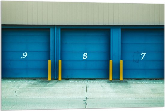 Acrylglas - Garage Deuren Blauw met Cijfers - 90x60cm Foto op Acrylglas (Met Ophangsysteem)