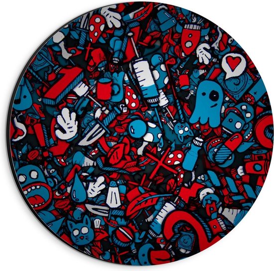 Dibond Wandcirkel - Rood/Blauwe Doodles  - 20x20cm Foto op Aluminium Wandcirkel (met ophangsysteem)