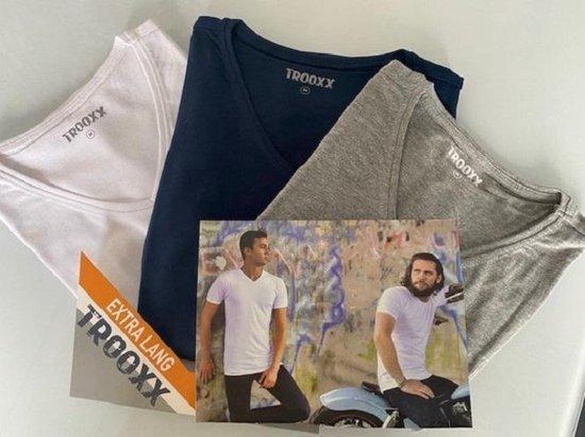 Trooxx T-Shirt-3x 2-Pack, 6 stuks - V- neck Long - White, Grey en Navy - XL