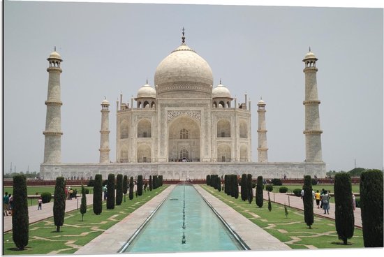 Dibond - Taj Mahal in India - 90x60cm Foto op Aluminium (Met Ophangsysteem)