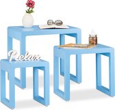 relaxdays Nesttafels set van 3 - bijzettafels - gelakt hout - salontafel - koffietafel blauw