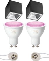 Pragmi Cliron Pro - Opbouw Vierkant - Mat Zwart/Zilver - Verdiept - 90mm - Philips Hue - Opbouwspot Set GU10 - White and Color Ambiance - Bluetooth