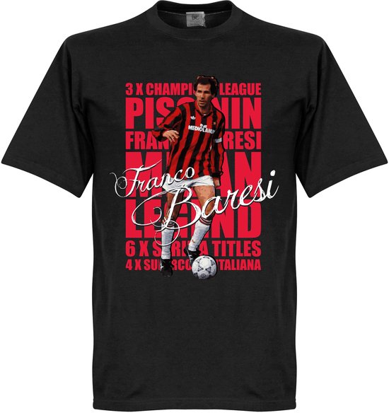 Zwarte t-shirt met Franco Baresi, 3x Champions League, 6x Serie A titels, 4x Supercoppa Italiana.