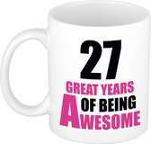 27 great years of being awesome mok wit en roze - cadeau mok / beker - 29e verjaardag / 27 jaar