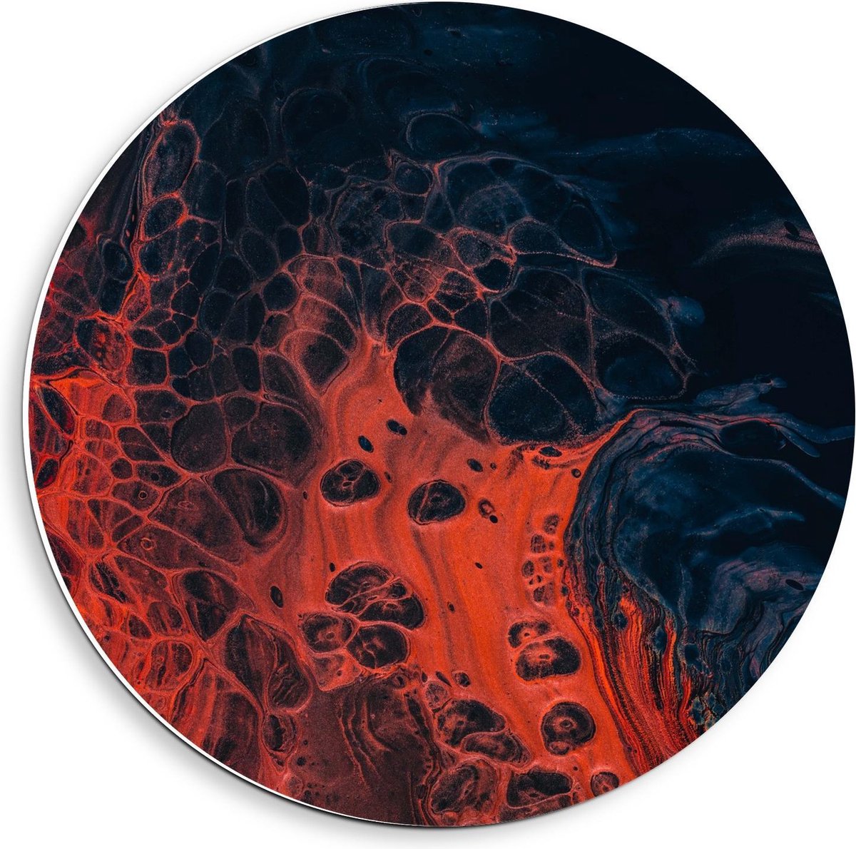 Forex Wandcirkel - Blauw/Oranje Gemixte Verf - 40x40cm Foto op Wandcirkel (met ophangsysteem)