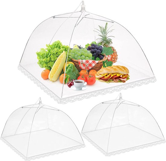 3 stuks vliegenkap, opvouwbare vliegenscherm, afdekhoes, netbescherming, eetscherm, levensmiddelafdekking, tent voor picknick, eten, fruit, BBQ (wit, 32 x 32 x 19 cm)