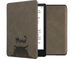 kwmobile e-reader hoesje geschikt voor Amazon Kindle Paperwhite 11. Generation 2021 hoes - Ereader flip case met standaard - Kunstleren e reader cover - Kat Meow design in grijs / zwart