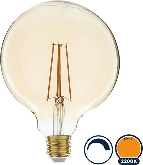 Led filament E27 globe lamp 6 Watt, flame (2200K) extra warm licht, dimbaar tot 0%, 550 lumen - Ø125mm