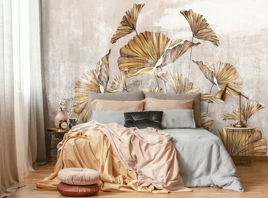 Fotobehang - Bloemen - Planten - Gouden Bladeren - Betonnen Achtergrond - Vliesbehang - 368x254cm (lxb)