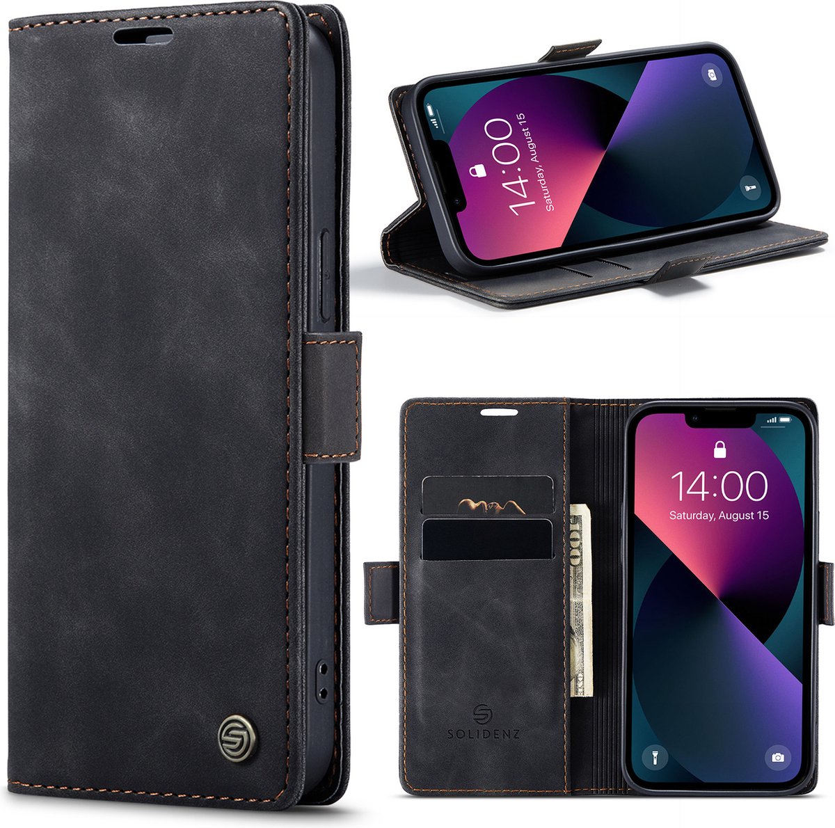 Geschikt Voor iPhone 13 Pro Hoesje - Solidenz Urban Bookcase 13 Pro - Telefoonhoesje 13 Pro - 13 Pro Case Met Pasjeshouder - PU Leren Hoes - Draadloos Opladen - Zwart