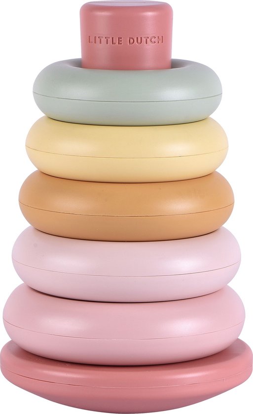 Stapelringen in pastelkleuren: roze, lichtbruin, geel en groen, met een roze pin bovenaan. Op witte achtergrond.