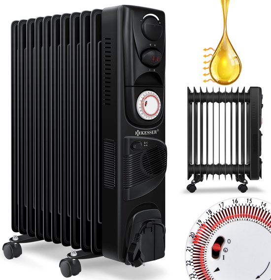 KESSER® Oliegevulde Radiator 2500W Elektrische Verwarming - Olieradiator met Electrische Ventilatorkachel - Zwart / 11 Ribben