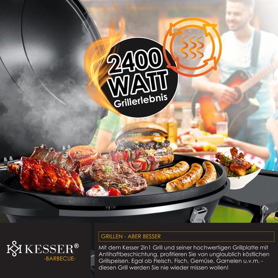 KESSER® Elektrische Barbecue 2in1 Tafelgrill 2400W - Staande Grill BBQ met deksel, Thermometer en Grillplaat - Tafelbarbecue Antiaanbaklaag met Opbergtafel en 2 wielen - Zwart van KESSER — afbeelding 4