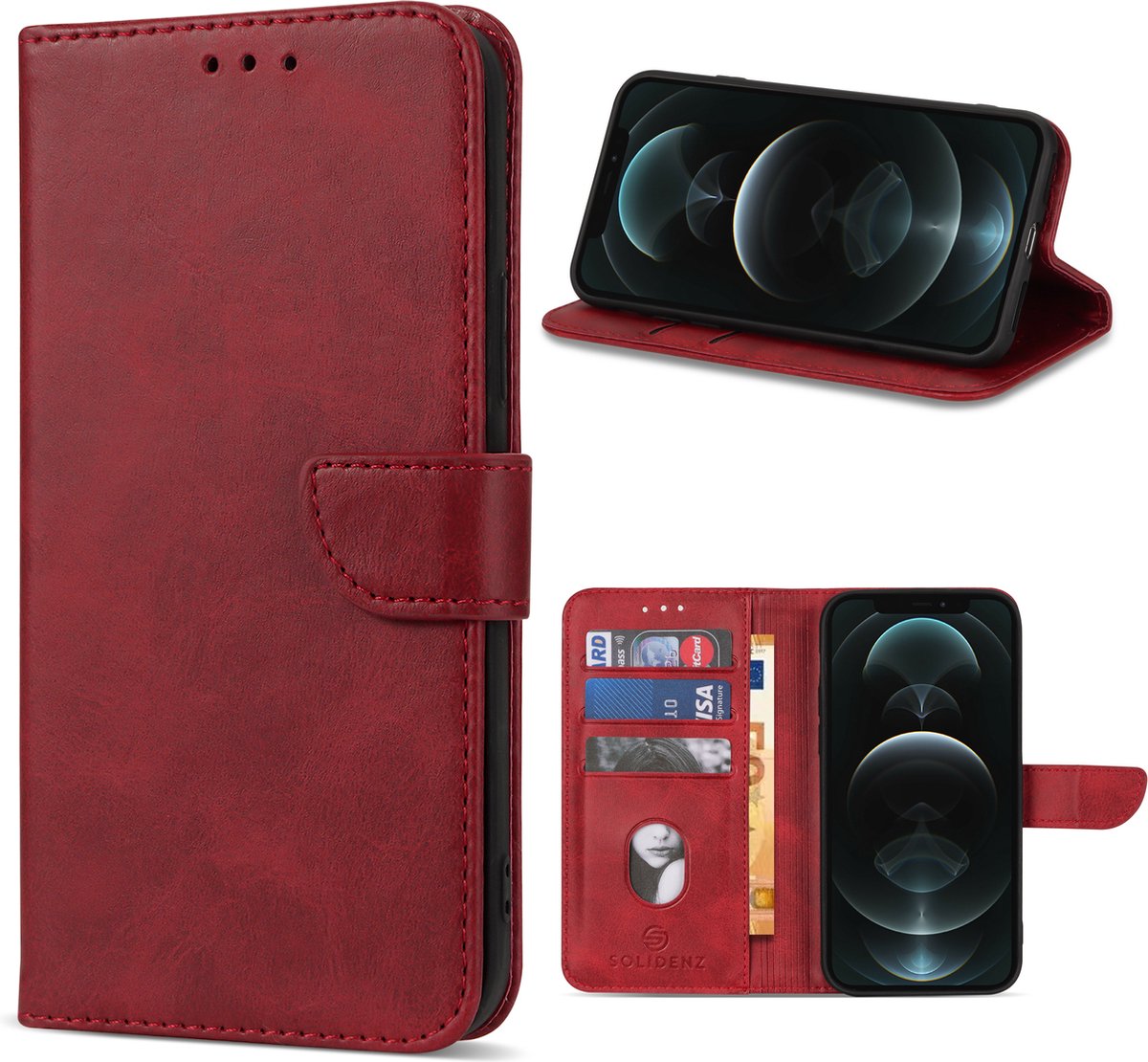 Geschikt Voor iPhone 14 Hoesje - Solidenz Bookcase - Telefoonhoesje - Case Met Pasjeshouder - Cover Hoes - Rood
