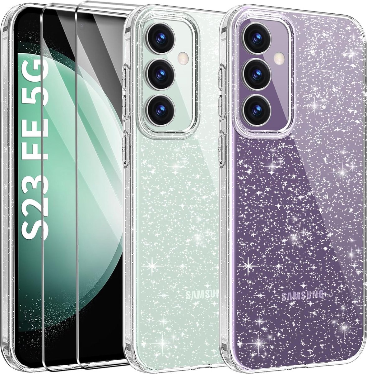 Geschikt voor Samsung Galaxy S23 FE 5G - Hoesje met 2 schermbeschermers van gehard glas - Glitter Back Cover hoesje - Transparant