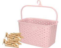 Wasknijpers mandje met ophanghaak - roze - gevuld met 96x houten wasknijpers van 7 cm - was ophangen