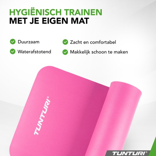 Tunturi NBR Yogamat Anti Slip - Fitnessmat Extra dik & zacht - Sportmat - 180x60x1.5cm - Incl Trainingsapp - Roze - Tunturi
