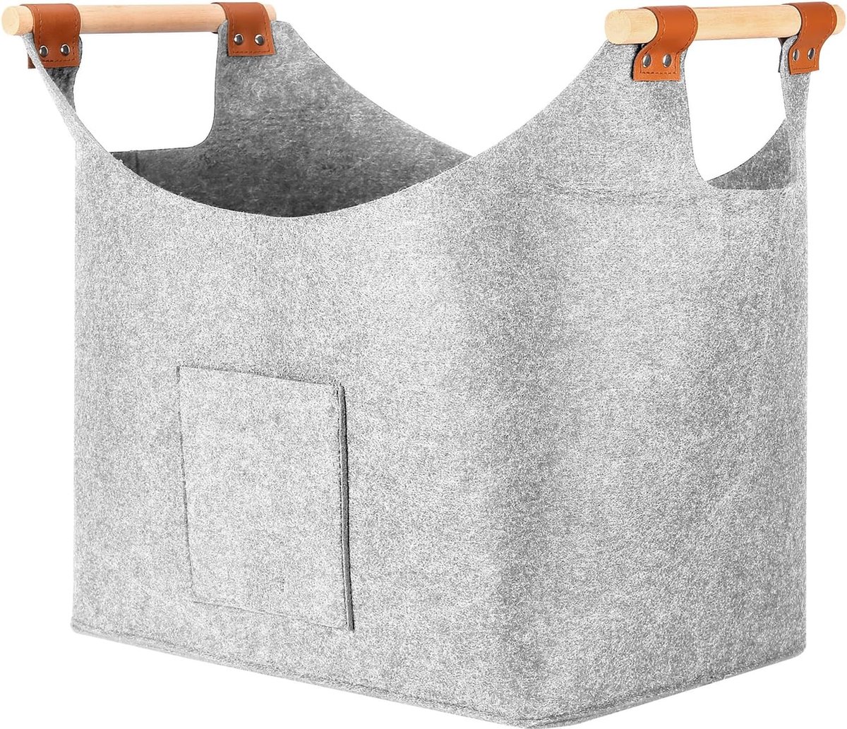 XXL Brandhoutmand met opbergtas, opvouwbare grote houten mand voor haardhout, brandhoutmand met versterkt houten handvat, brandhoutmand voor hout, tijdtogen, 45 x 32 x 40 cm, lichtgrijs