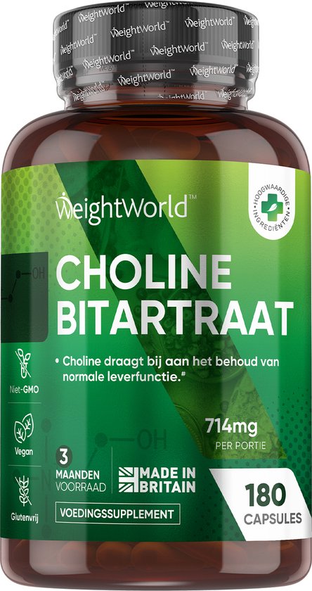 WeightWorld Choline Bitartraat capsules - 180 vegan choline capsules voor 3 maanden - Ondersteunt de reinigende werking door de lever - Weight World