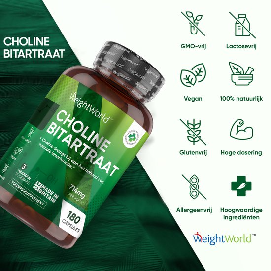 WeightWorld Choline Bitartraat capsules - 180 vegan choline capsules voor 3 maanden - Ondersteunt de reinigende werking door de lever - Weight World