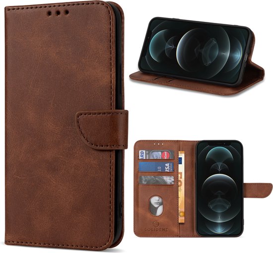 Geschikt Voor iPhone 12 Pro Max Hoesje - Solidenz Bookcase 12 Pro Max - Telefoonhoesje 12 Pro Max - 12 Pro Max Case Met Pasjeshouder - Cover Hoes - Bruin
